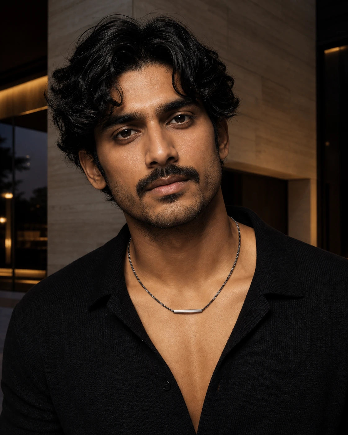 South Asian male model wearing the DARENZ Em Dash Chain in blackened / polished steel, styled in a warm limestone residence