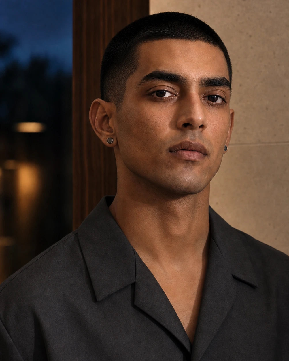 Alternate on-body view of the matched DARENZ Full Stop Stud Pair against evening tailoring