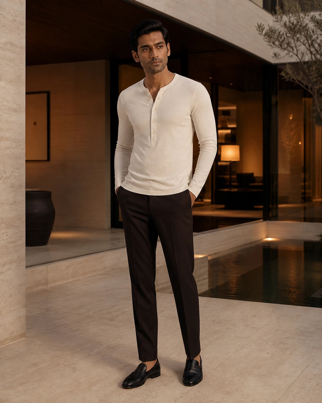 South Asian male model wearing the DARENZ Interval Long-Sleeve Henley in Ivory, full-length front view in a warm limestone residence