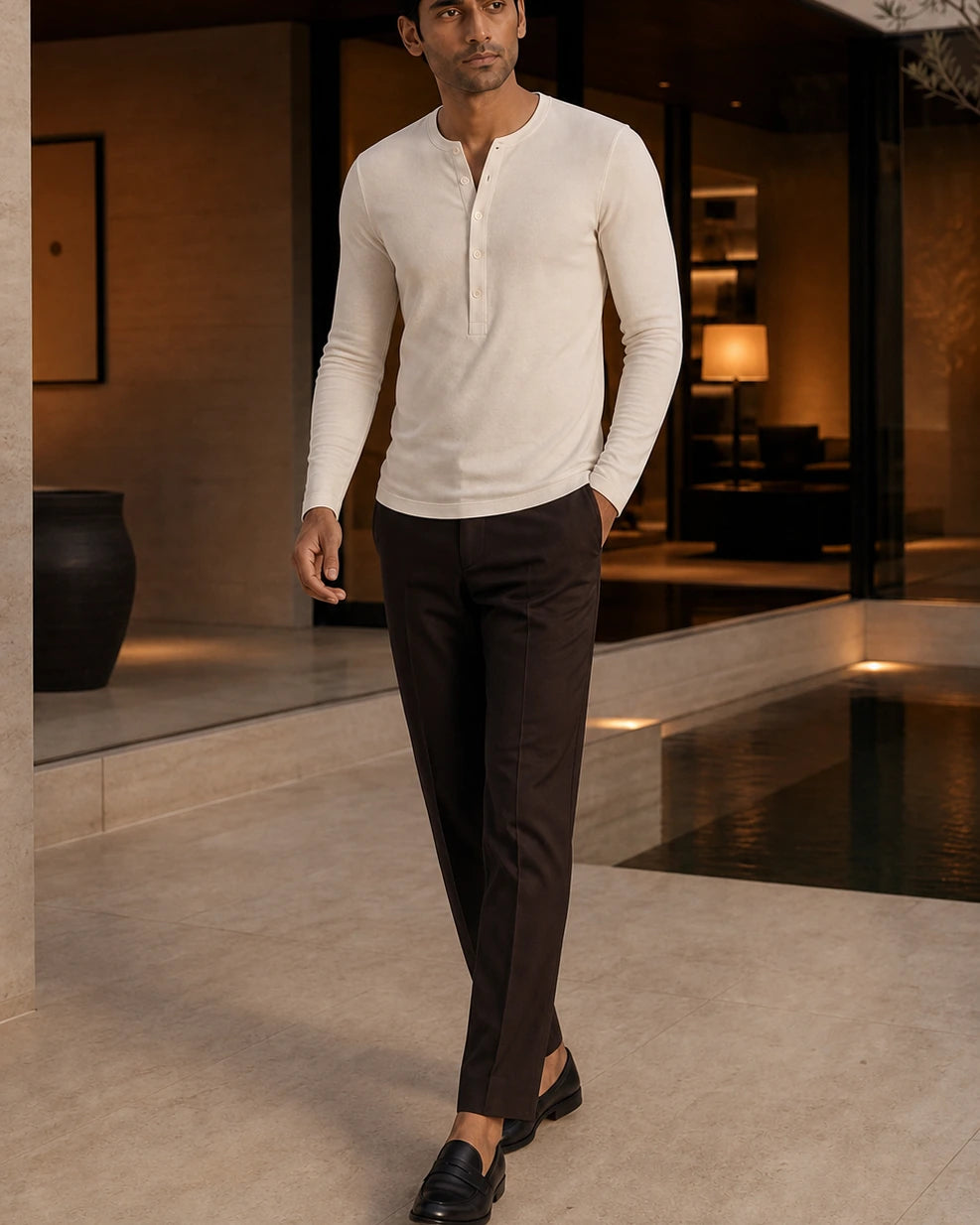 DARENZ Interval Long-Sleeve Henley in Ivory shown in motion beside dark timber, with the garment drape clearly visible
