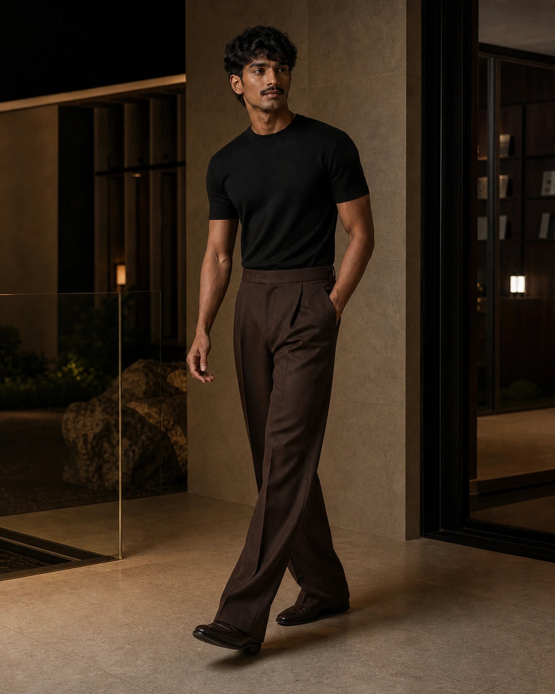 DARENZ Long Form Loose Tailored Trousers in Umber shown in motion beside dark timber, with the garment drape clearly visible