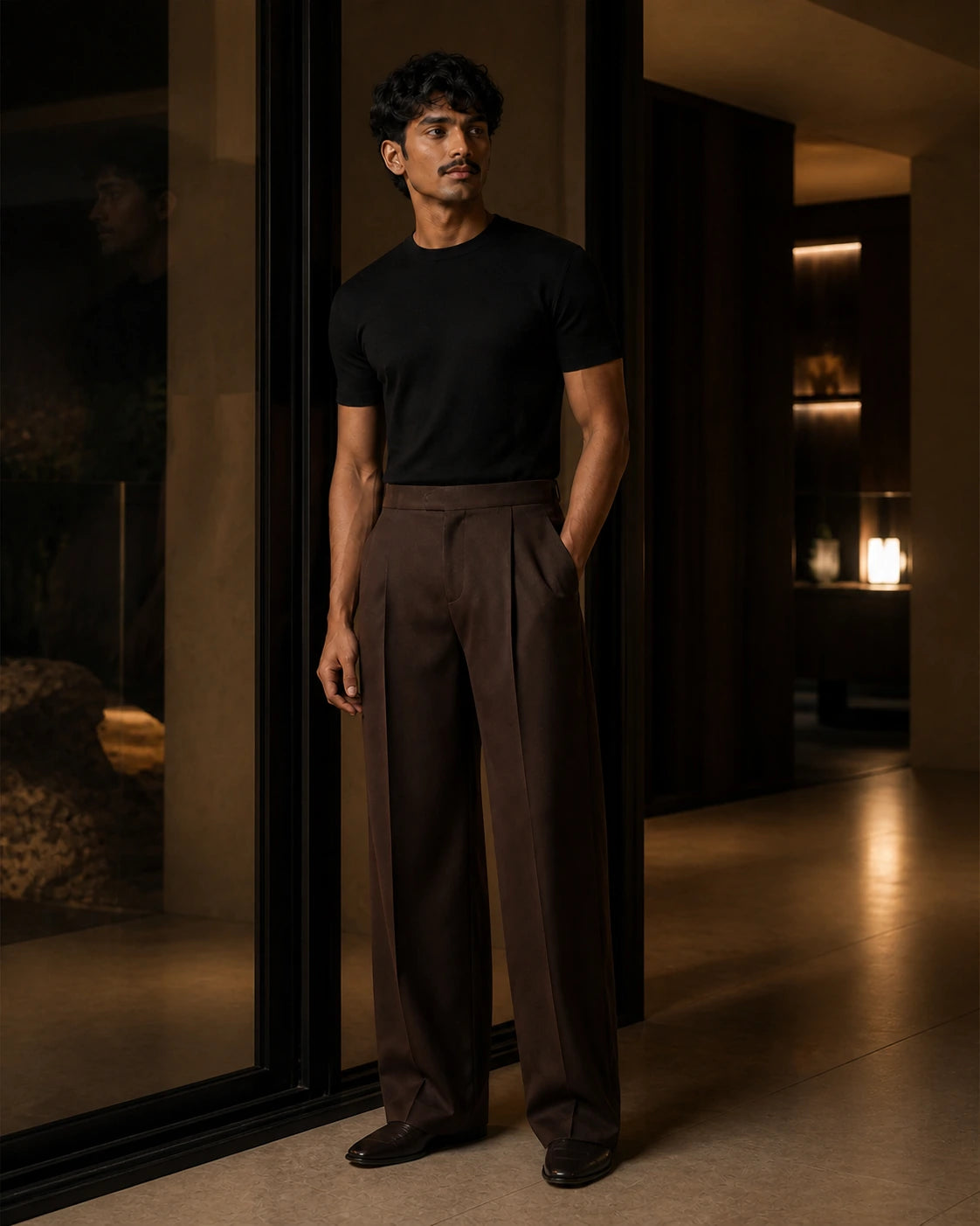 Between Lines chapter portrait featuring the Umber DARENZ Long Form Loose Tailored Trousers in a charcoal evening interior