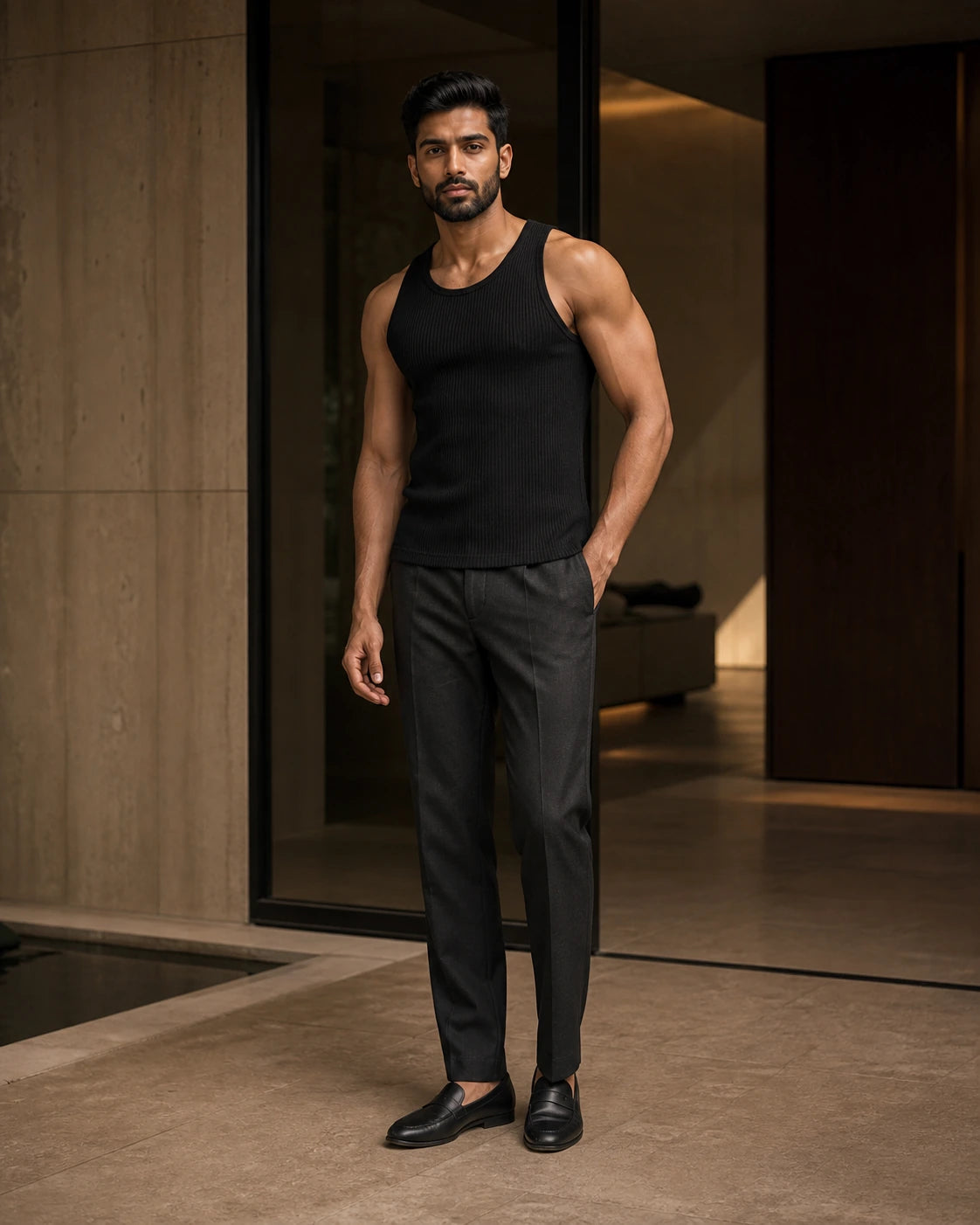 South Asian male model wearing the DARENZ Underline Ribbed Vest in Black, full-length front view in a warm limestone residence