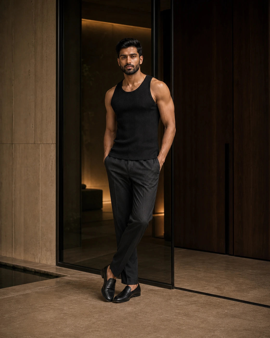 Between Lines chapter portrait featuring the Black DARENZ Underline Ribbed Vest in a charcoal evening interior