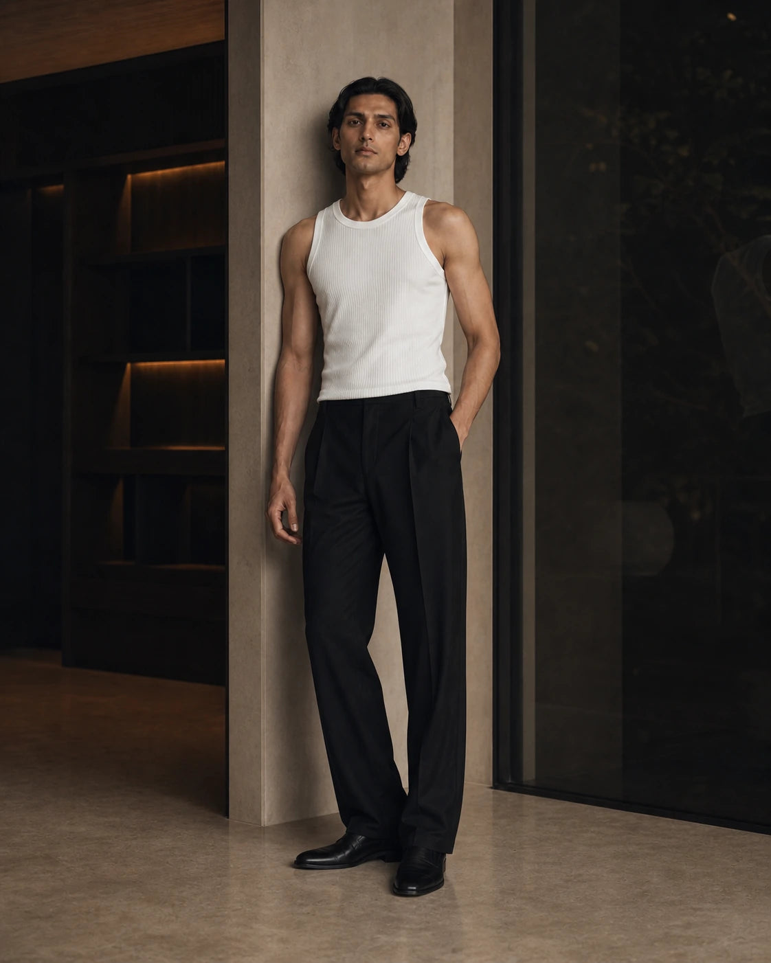 Between Lines chapter portrait featuring the Chalk DARENZ Underline Ribbed Vest in a charcoal evening interior